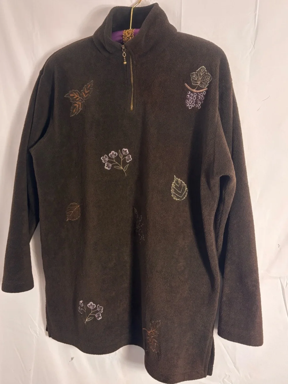 VTG Brown Embroidered‎ 1/4 Zip Artsy Boho Cozy Fleece Spring Sweater Size M